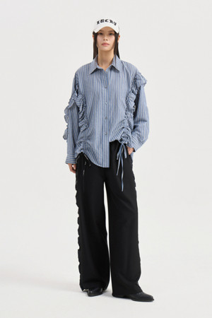 Shirt Style Frill Stripe Blouse (blue)