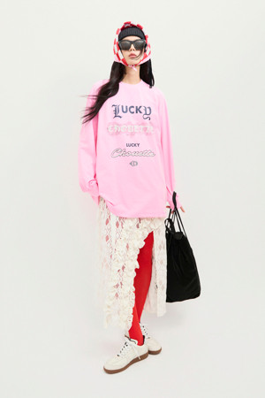 Print Point Long Length Long-Sleeved T-Shirt (pink)