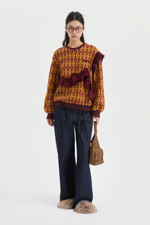 Frill Point Argyle Sweat T-shirt (wine)