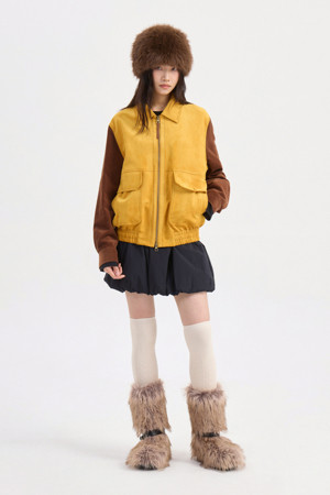 Corduroy Sleeve Fake Suede Jumper (yellow)