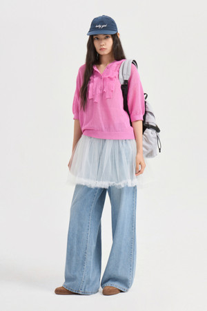 Frill Detail Mesh Hoodie Knit Pullover (pink)