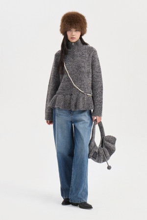 Embroidery Point Zip-up Knit Cardigan (Grey)