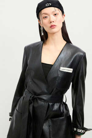 Fake Leather Long Fabric Belt Coat (black)