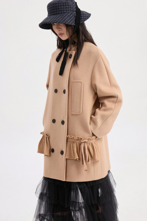 Round Neck Frill Detail Double Coat (beige)