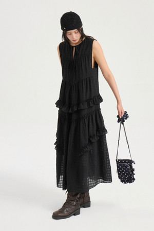 [Re-Order] Frill Sleeveless Check Dress (black)
