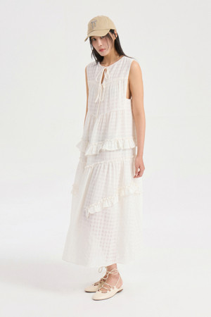 Frill Sleeveless Check Dress (white)