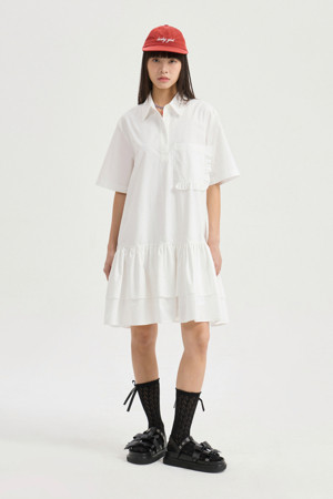 Hem Frill Half Sleeve Cotton Shirt Dress (white)