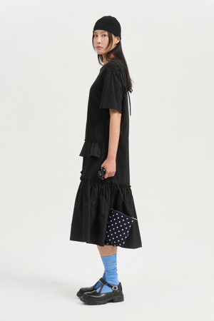 [Re-Order] Texture Mix Frill Half Sleeve Dress (black)