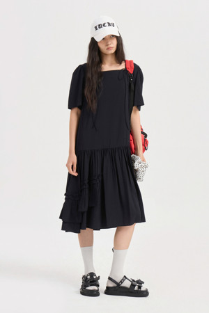 Ribbon Square Neck Half Sleeve Long Dress (dark navy)