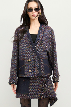 Denim Patch Eyelet Pocket Tweed Jacket (dark navy)