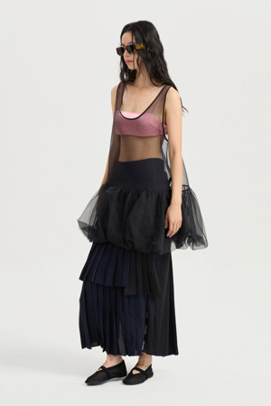 Color Mix Pleats Back Banding Long Skirt (dark navy)