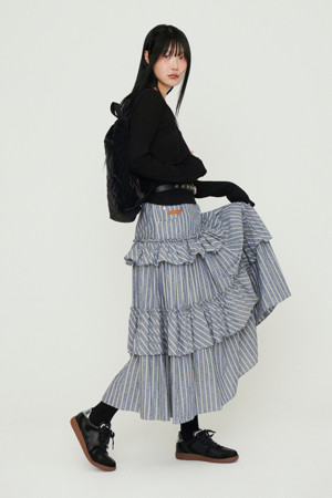 Shirring Stripe Back Banding Long Skirt (blue)