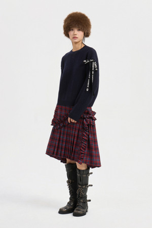 Check Wrinkle Midi Skirt (red)