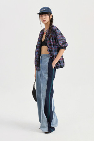 Jersey Back Banding Denim Wide Pants (blue)