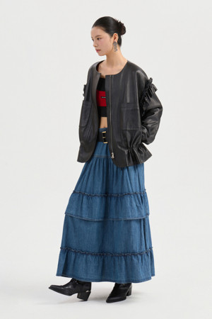 Frill Banding Denim Long Skirt (blue)