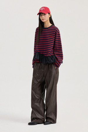 Shirring Point Back Banding Fake Leather Pants (brown)