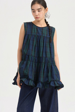 Sleeveless Check Shirring Blouse (green)