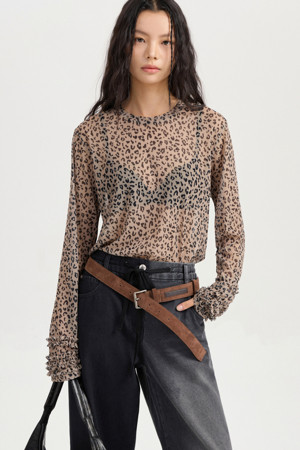 Leopard Mesh Loose Fit Long Sleeve T-shirt (brown)