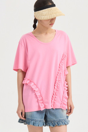 Frill Point U Neck Loose Fit Half Sleeve T-shirt (pink)