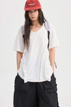 Frill Point U Neck Loose Fit Half Sleeve T-shirt (white)