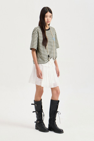 Stripe Crop Half Sleeve T-shirt (melange grey)