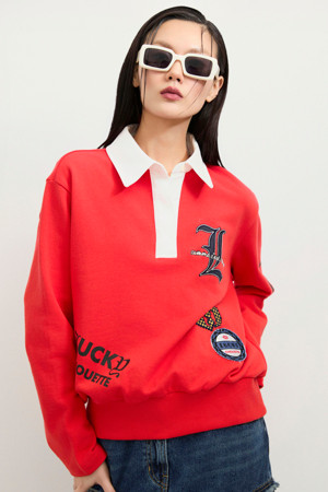 Embroidered Point Collar Long-Sleeved T-shirt (red)