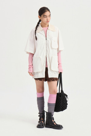 Knit Collar Half Sleeve Zip Up Jumper (ivory)