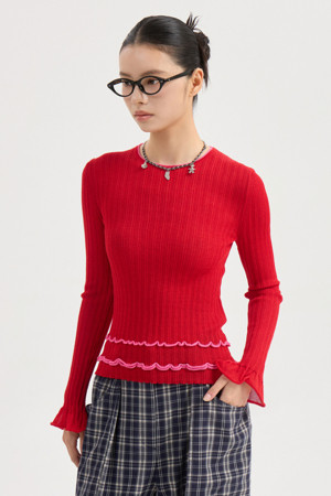 Slim Fit Rib Knit Pullover (red)