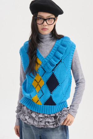 Argyle Frill Knit Vest (blue)