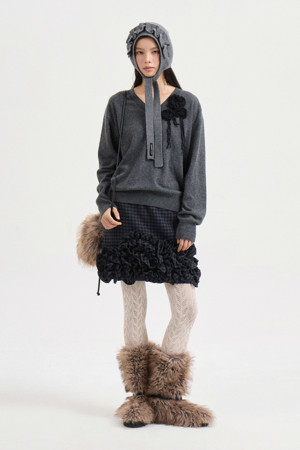 [Atelier] Flower Motive V Neck Knit Pullover (melange grey)