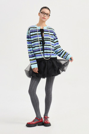 Stripe Round Neck Knit Cardigan (blue)