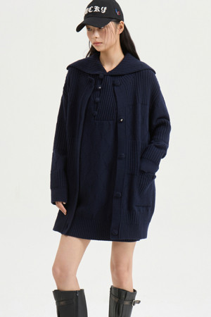 Round Neck Half Knit Cardigan (dark navy)