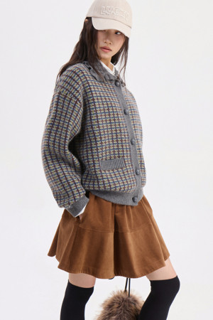 Colored Collar Check Knit Cardigan (multi color)