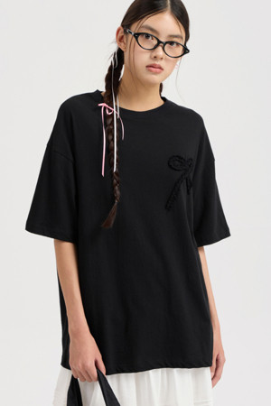Chouetties by LUCKY CHOUETTE_Ribbon Point Loose Fit Half Sleeve T-shirt (black)
