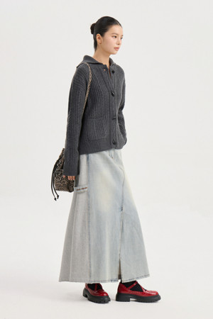 Jersey Mix Back Banding Denim Long Skirt (blue)