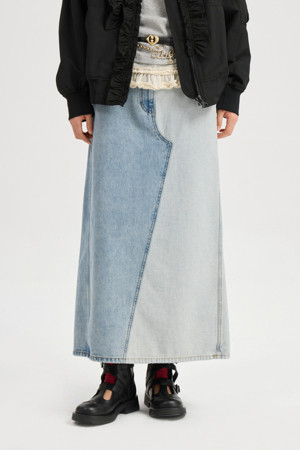 Back Banding Color Block Long Denim Skirt (blue)