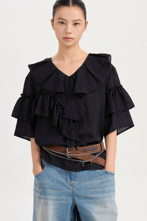Ruffle Point Check Blouse (black)