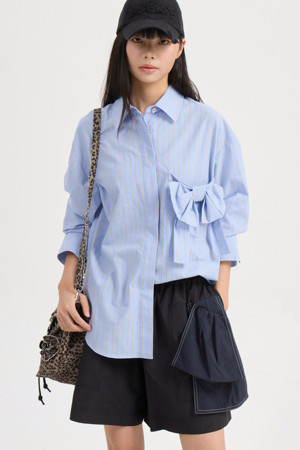 [Re-Order] Ribbon Point Stripe Shirts Blouse (blue)