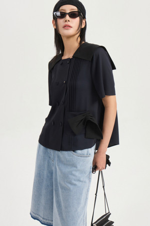 Colored Sailor Collar Pleats Blouse (dark navy)