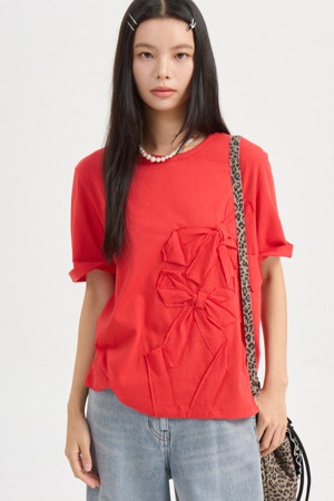 Ribbon Embroidery Basic Fit Half Sleeve T-shirt (red)