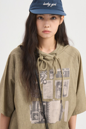 Print Point Loose Fit Hood T-shirt (brown)