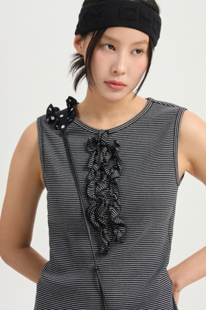 Frill Point Stripe Sleeveless T-shirt (black)