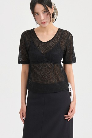 Lace U Neck Slim Fit Half Sleeve T-shirt (black)
