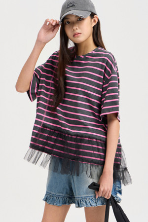 Mesh Stripe Half Sleeve T-shirt (dark grey)