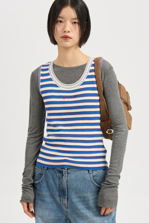 Stripe Knit Sleeveless Pullover (blue)