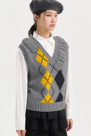 Argyle Frill Knit Vest (melange grey)