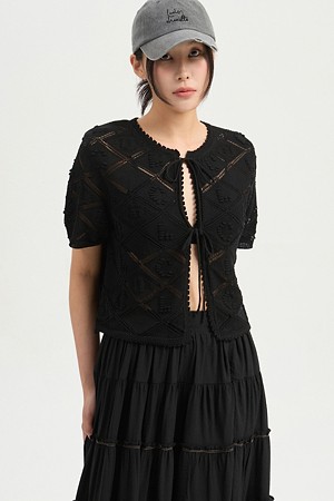 Crochet Round Neck Half Sleeve Knit Cardigan (black)