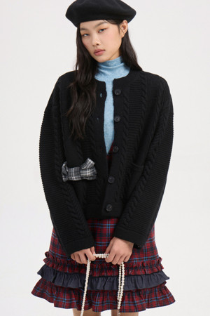 Check Ribbon Round Neck Knit Cardigan (black)