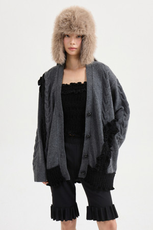 [Atelier] Velvet Frill V-Neck Cardigan (dark grey)