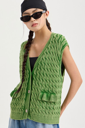 Washed Cable Knit Vest (green)
